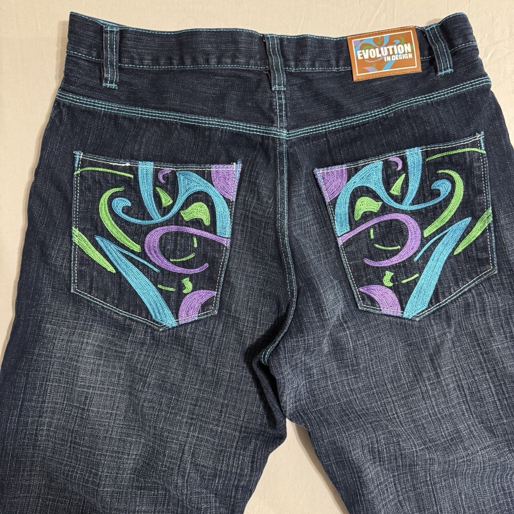 Evolution In Design Baggy Jeans mens 38 y2k baggy skate hip hop embroidered